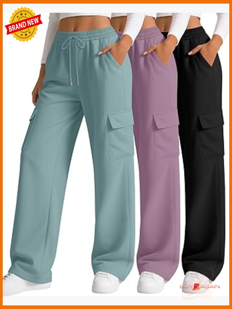 3 Pack Women's Cargo Sweatpants Wide Leg Baggy Loose Drawstring Joggers